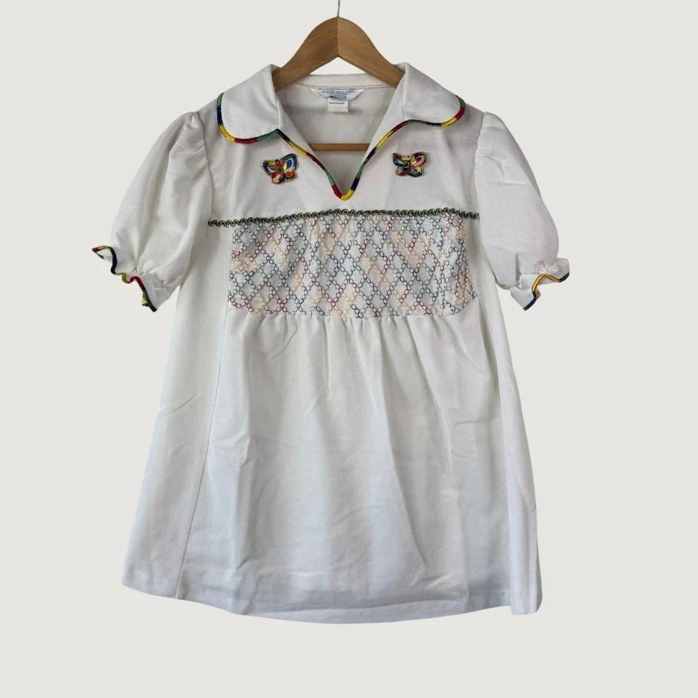 Sears VTG Smocked dress‎ tunic Girls 7/8 White Rainbow Butterfly Retro Kidcore